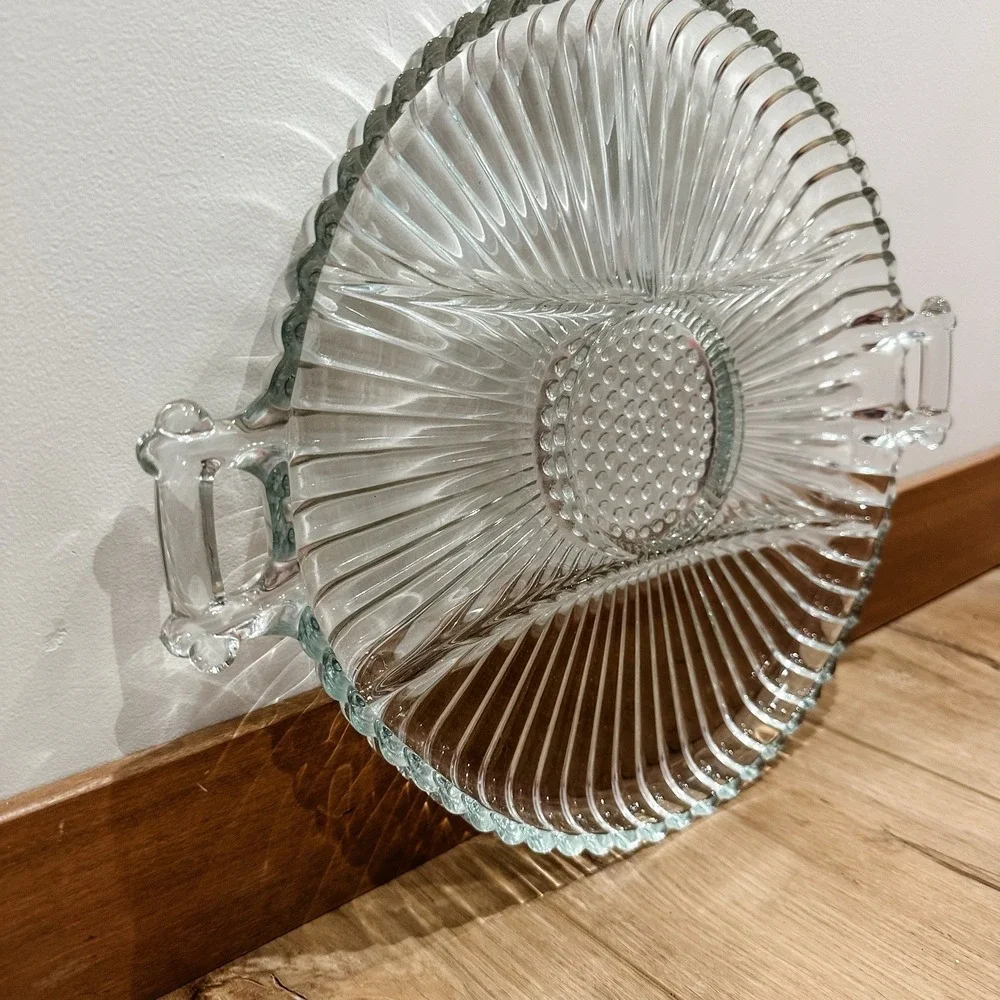 Vintage Clear Glass‎ Divided Serving Tray with Handles - 12